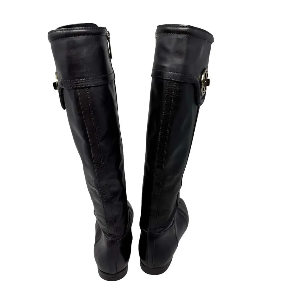 Tory Burch Selma Black Leather Knee High Riding Boots Gold Logo Women’s Size 7